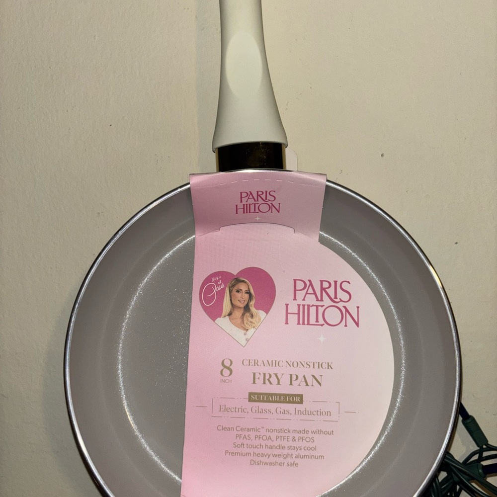 Paris Hilton Pink-Labeled Ceramic Fry Pan with White Handle